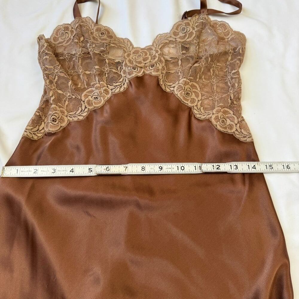VTG Y2K Leigh Bantivoglio Silk M Brown Slip Dress Lace Slinky Whimsigoth Fairy - Picture 12 of 13